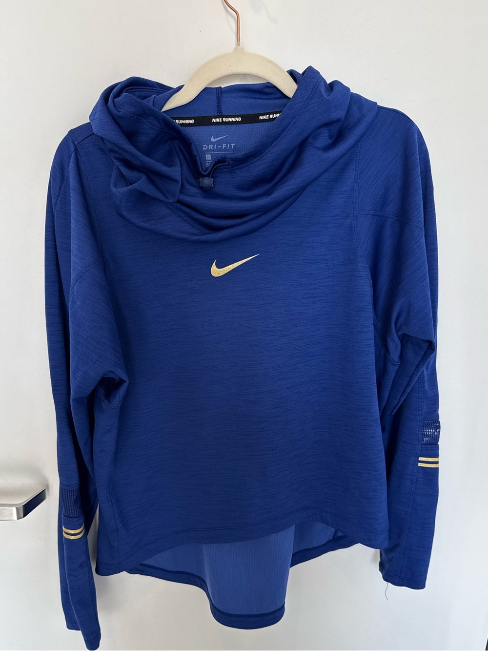 Nike Dri-FIT Running Royal Blue Gold Swoosh Cowl Neck Hoodie L